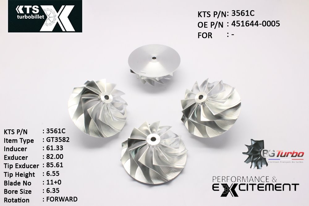 Turbo ROUE FORGÉE MFS PERFORMANCE - 11+0 PALES - INDUCER : 61,33 - EXDUCER : 82 - TYPE : GT3582ANGLE : 50° - ROTATION : Forward - SUPER BACK : 2,3497 - BORE SIZE : 6,35
